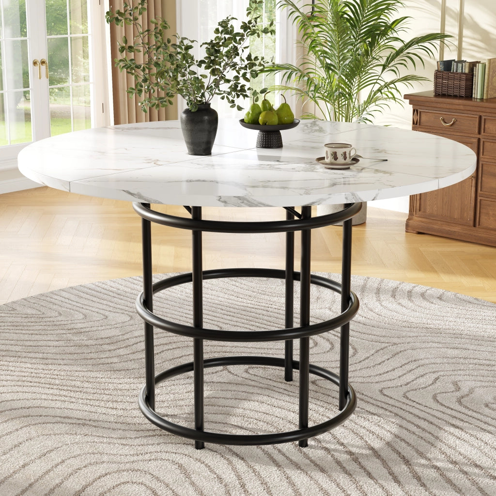 Tavolo da Pranzo Rotondo ¨C Xylo ¨C Piano Effetto Marmo MDF, Gambe in Metallo Nero, 100x100x76