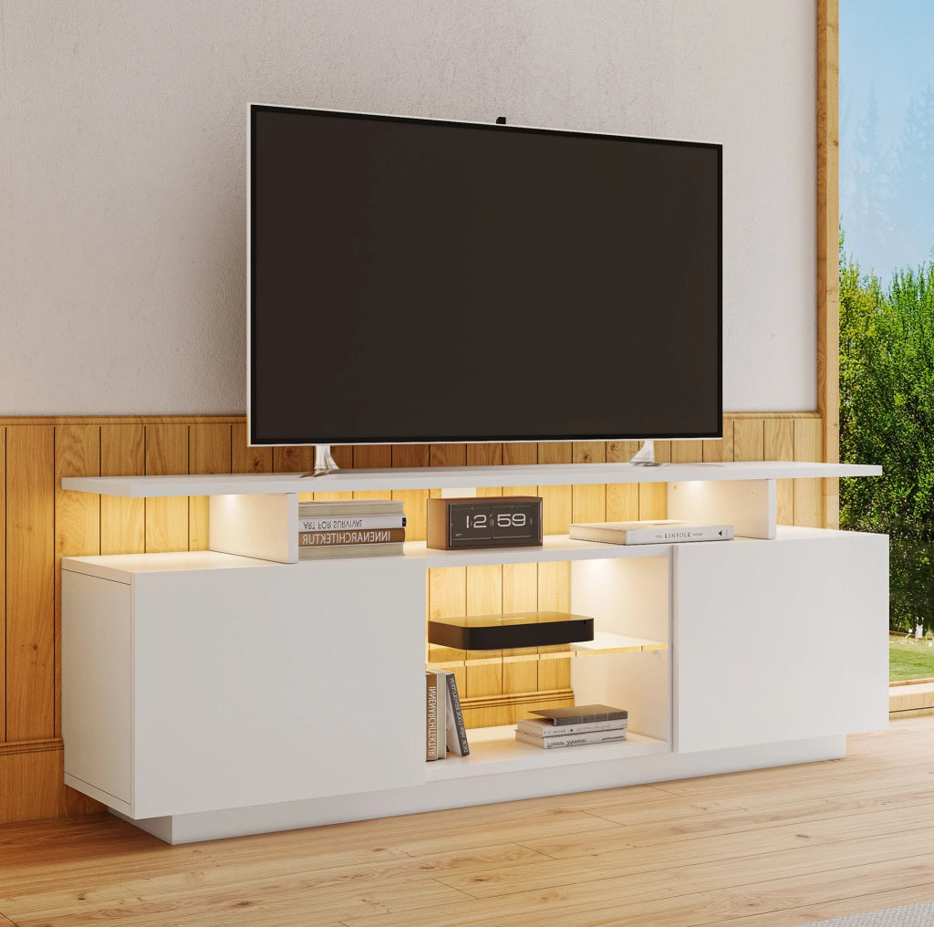 Mobile TV moderno 140 cm con LED controllabile da app; bianco lucido