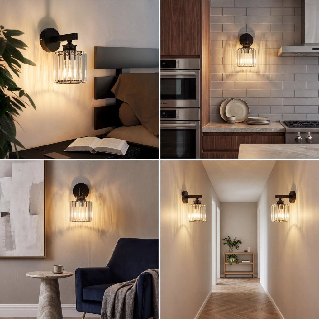 ZMH Lampada da Parete Nera con Cristallo Moderna E27 Orientabile per Interno da Comodino Corridoio Scala Camera da Letto