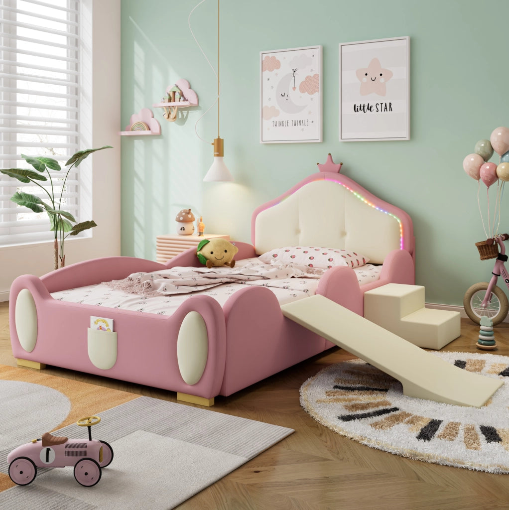 Letto imbottito per bambini ULEVR 90x200 cm con LED multicolore, scivolo e scaletta, PU rosa e beige