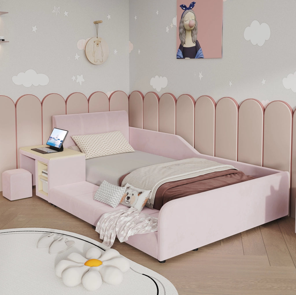 Letto imbottito per bambini 90x200 cm con scrivania, sgabello e ripiano in velluto rosa