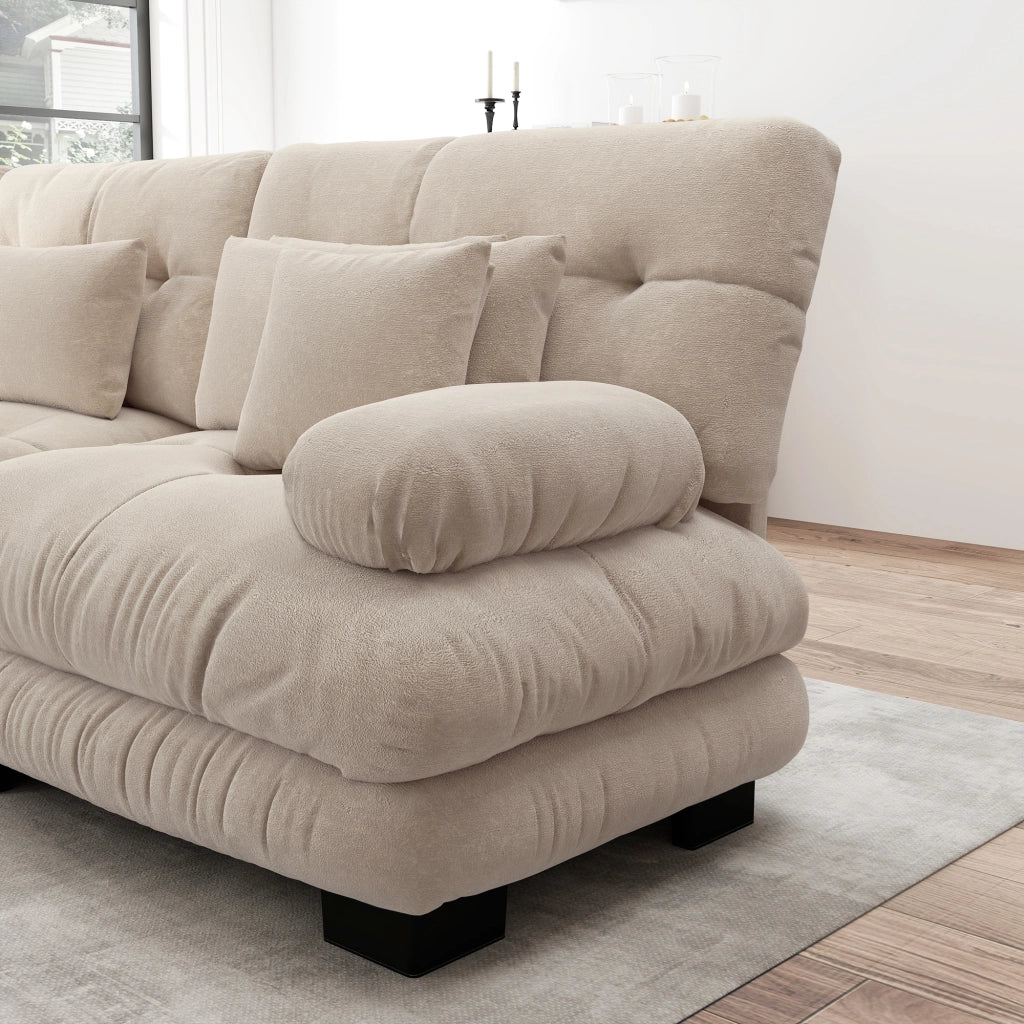 Divano angolare modulare a 3 posti in chenille marrone chiaro con seduta profonda e cuscini decorativi