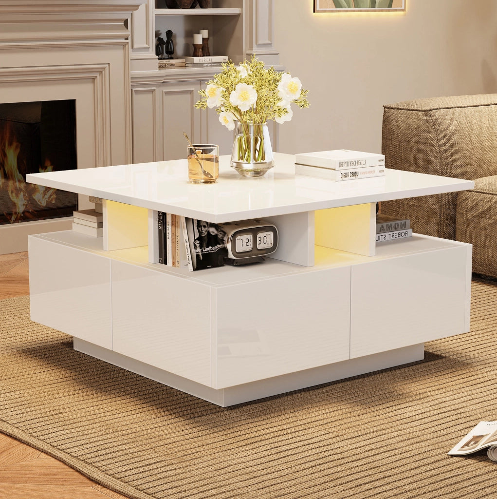 Tavolino da caffè LED bianco 70x70 cm con 4 cassetti