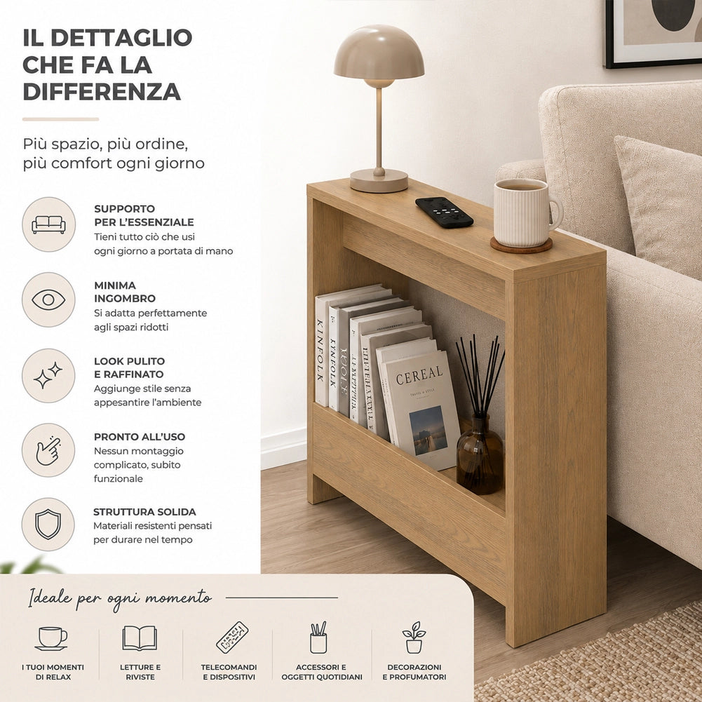 Tavolino Laterale Divano Quercia Tavolo Salvaspazio Multifunzione 55x20x60cm