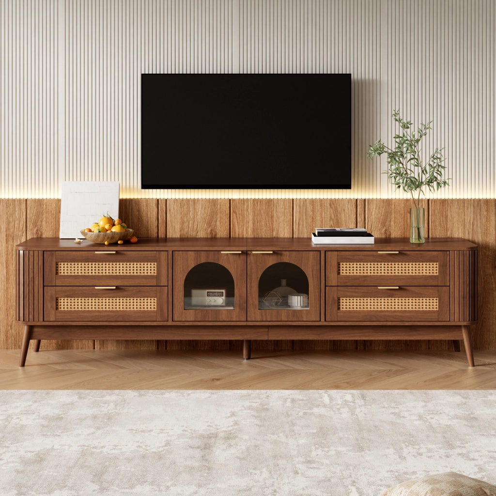 Mobile porta TV con 4 cassetti, 2 ante in vetro curvo, LED con app, per soggiorno, noce, 180 × 40 × 50 cm