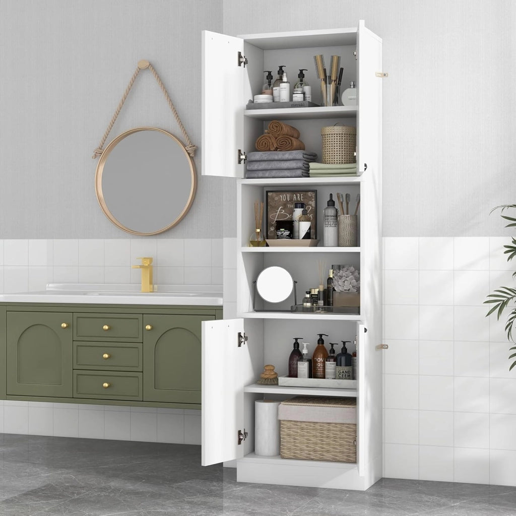 Credenza da Cucina Alta 190 cm con 4 Ante, 2 Scomparti Aperti e 6 Ripiani, 4 Kit Antiribaltamento, Armadio Portaoggetti per Cucina e Bagno