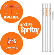 Regalo Aperol, Set di 6 Accessori per Aperol Spritz con 3 Sottopanchetti Aperol da 10cm e 3 Stuzzadi Aperol in Rattan, Regalo per Uomini, Donne, Collegamenti, Amici, Appassionati di Aperol (Vernice)