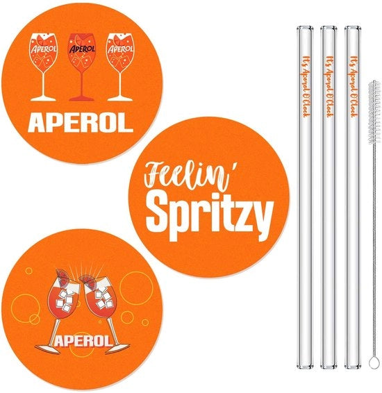Regalo Aperol, Set di 6 Accessori per Aperol Spritz con 3 Sottopanchetti Aperol da 10cm e 3 Stuzzadi Aperol in Rattan, Regalo per Uomini, Donne, Collegamenti, Amici, Appassionati di Aperol (Vernice)