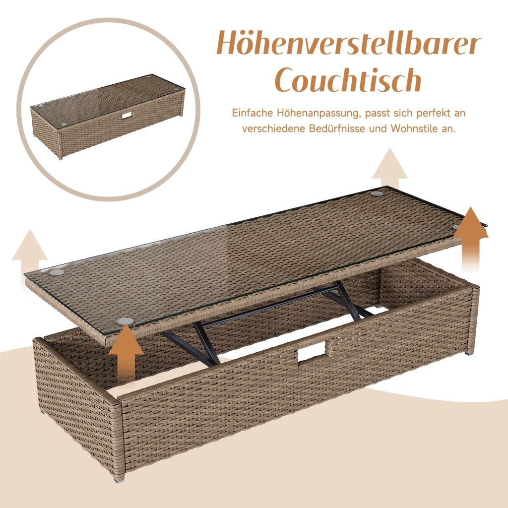 Mobili giardino polyrattan 2-4 persone: Divanooo lounge + tavolino regolabile + tendalino; kaki