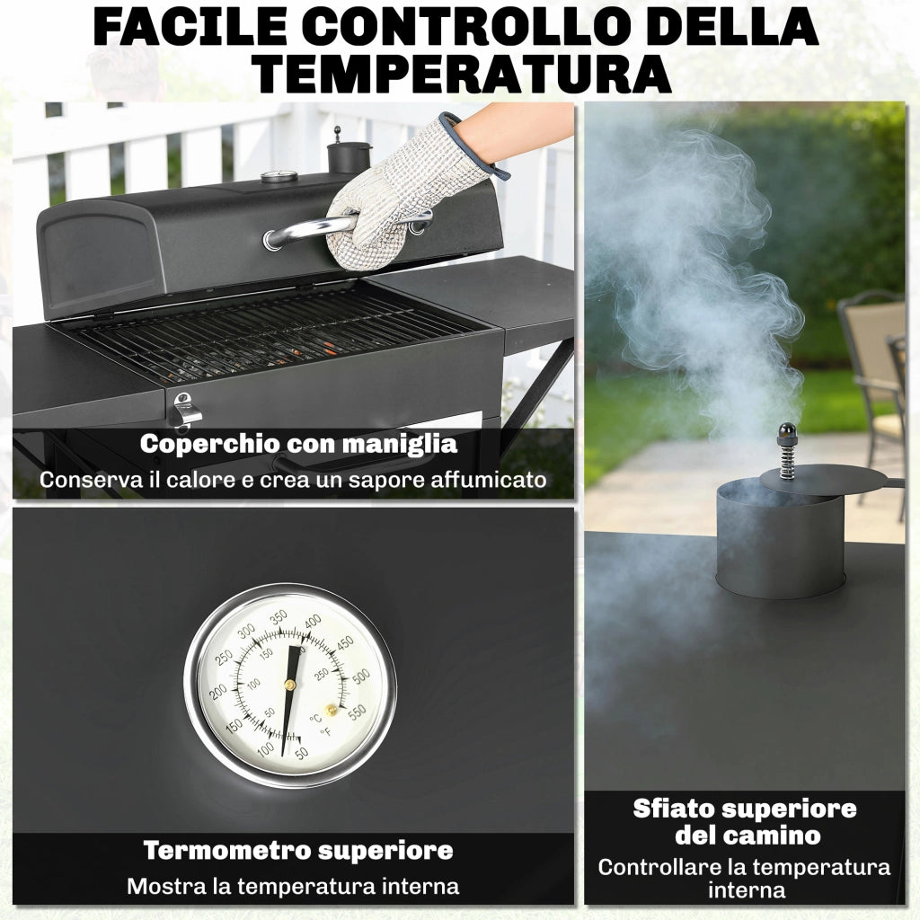 Barbecue a Carbone con 2 Ripiani Laterali, Termometro, Coperchio e Ruote, 110x46.5x101 cm, Nero