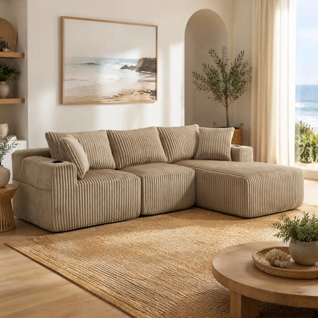 Divano modulare con chaise longue e 2 posti; 5 cuscini; tessuto in corduroy; cachi