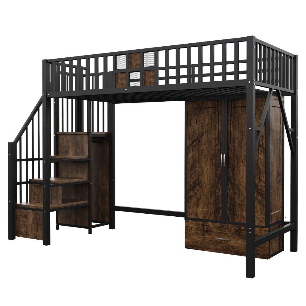 LETTO a soppalco 90x200 cm nero con armadio, cassetto e scaletta contenitore