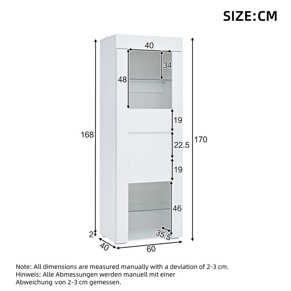 Vetrina 60x40x170 cm con LED - Xylo - 2 ripiani in vetro, ante in acrilico, armadio per soggiorno, bianco
