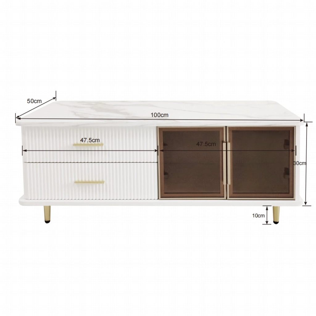OKWISH Tavolino da Salotto con 2 Cassetti e 2 Ante, LED, Vetro Temperato Marrone e Piano Effetto Marmo, 100×50×40 cm