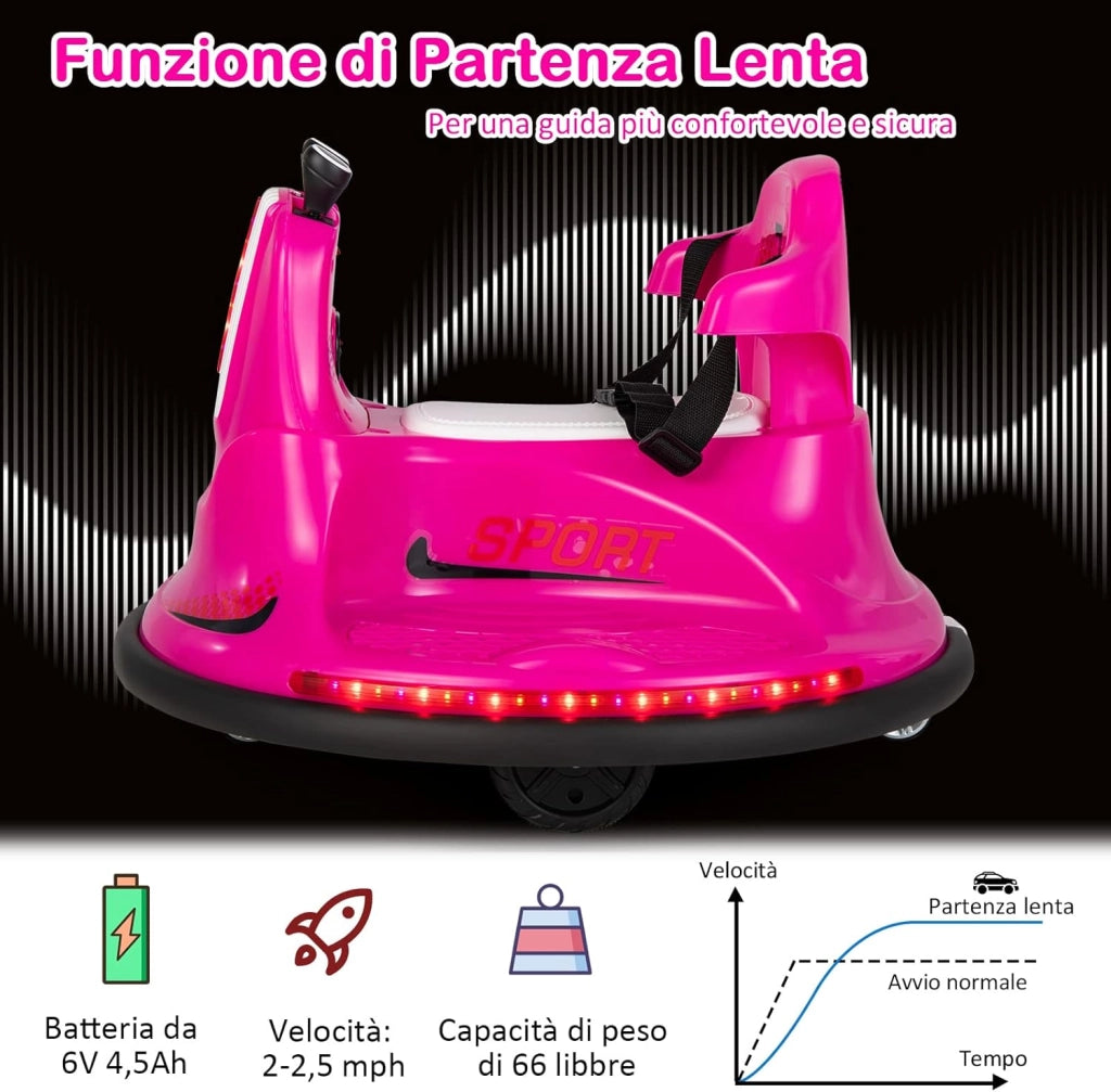 6V Autoscontro Elettrico per Bambini, Veicolo Elettrico con Telecomando, Girevole a 360°, Luci LED Colorate e Cintura di Sicurezza Regolabile, 37-95 Mesi (Rosa)