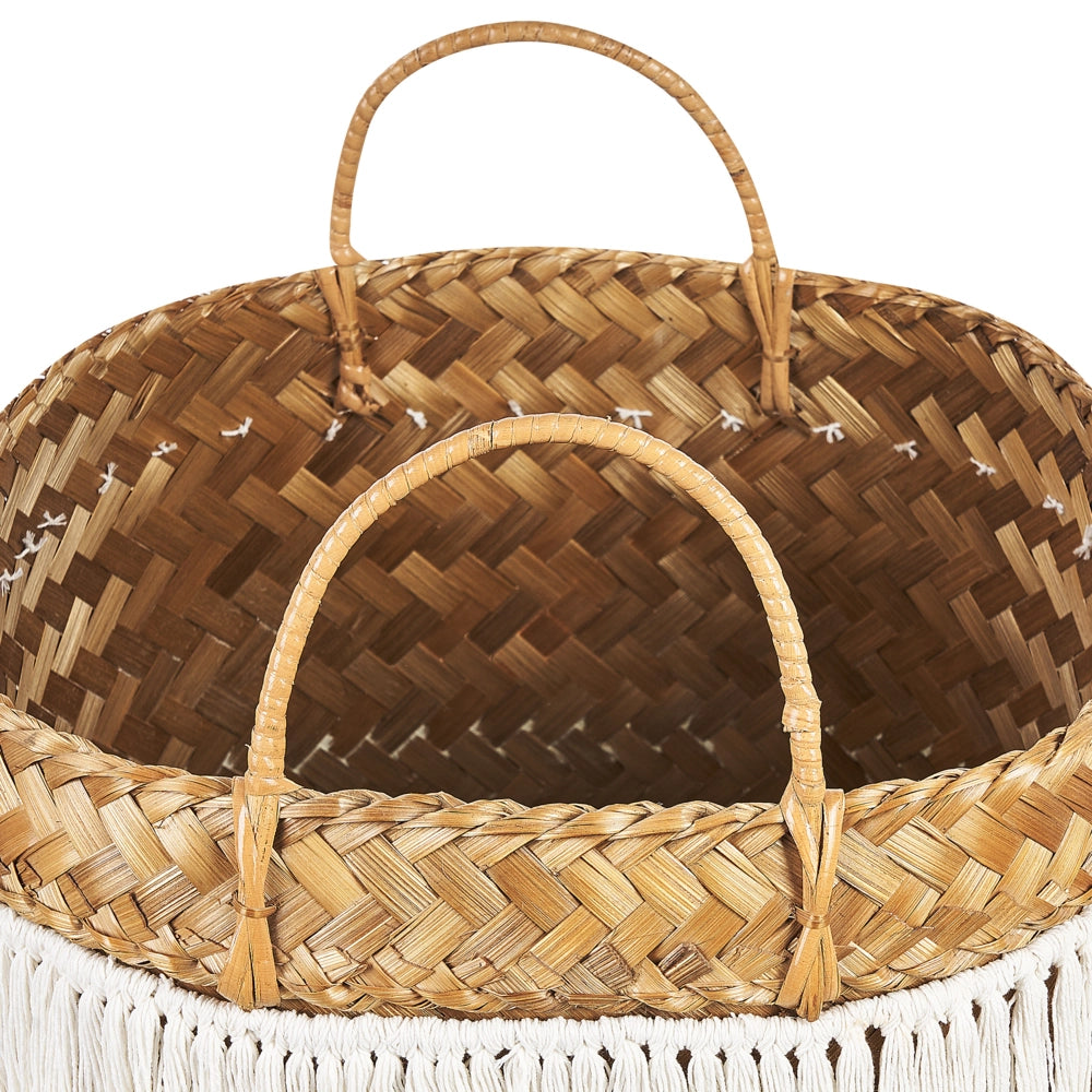 Cesto in legno di bambù naturale bianco blu 42 cm con maniglie stile rustico boho