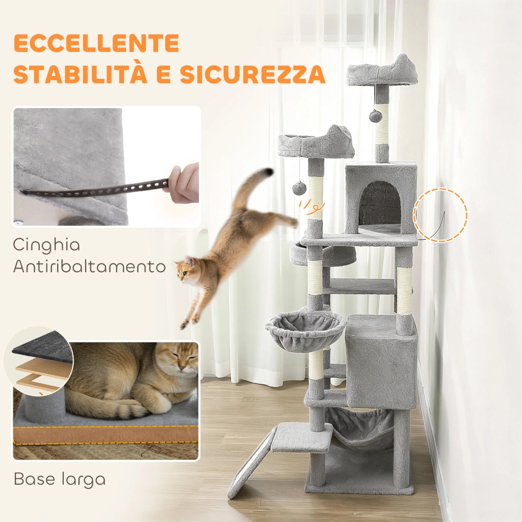 Albero Tiragraffi per Gatti 48x48x192 cm con Amache e Casette in Sisal e Peluche Grigio e Crema