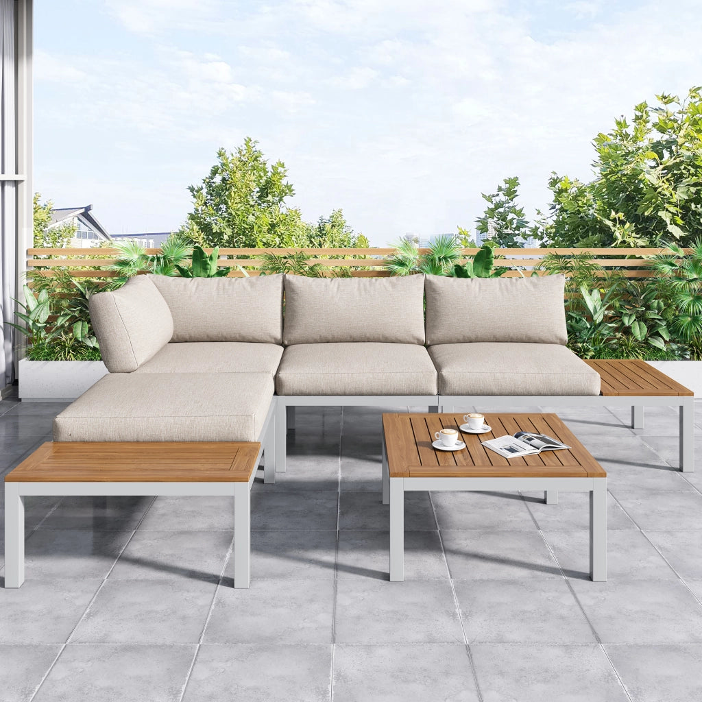 Salotto da Giardino con 2 Divani 2 Posti; 2 Tavolini Laterali e 1 Tavolino; per Terrazza; Ferro; Beige