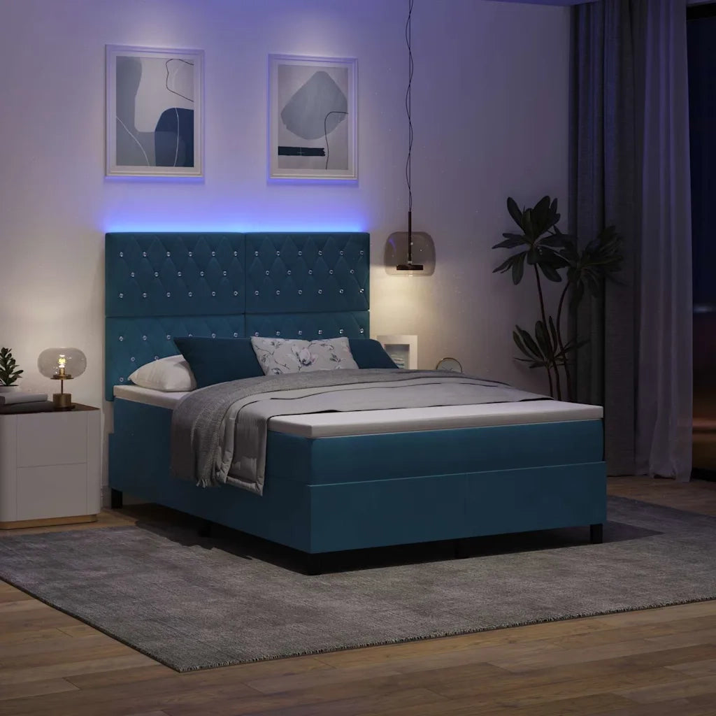 Letto a Sorgente LED Blu Scuro 140 x 200 cm Tessuto