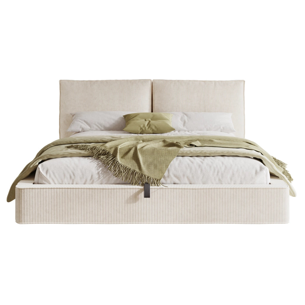 Letto matrimoniale imbottito 180x200 cm con contenitore idraulico; testiera 105 cm; beige in corduroy