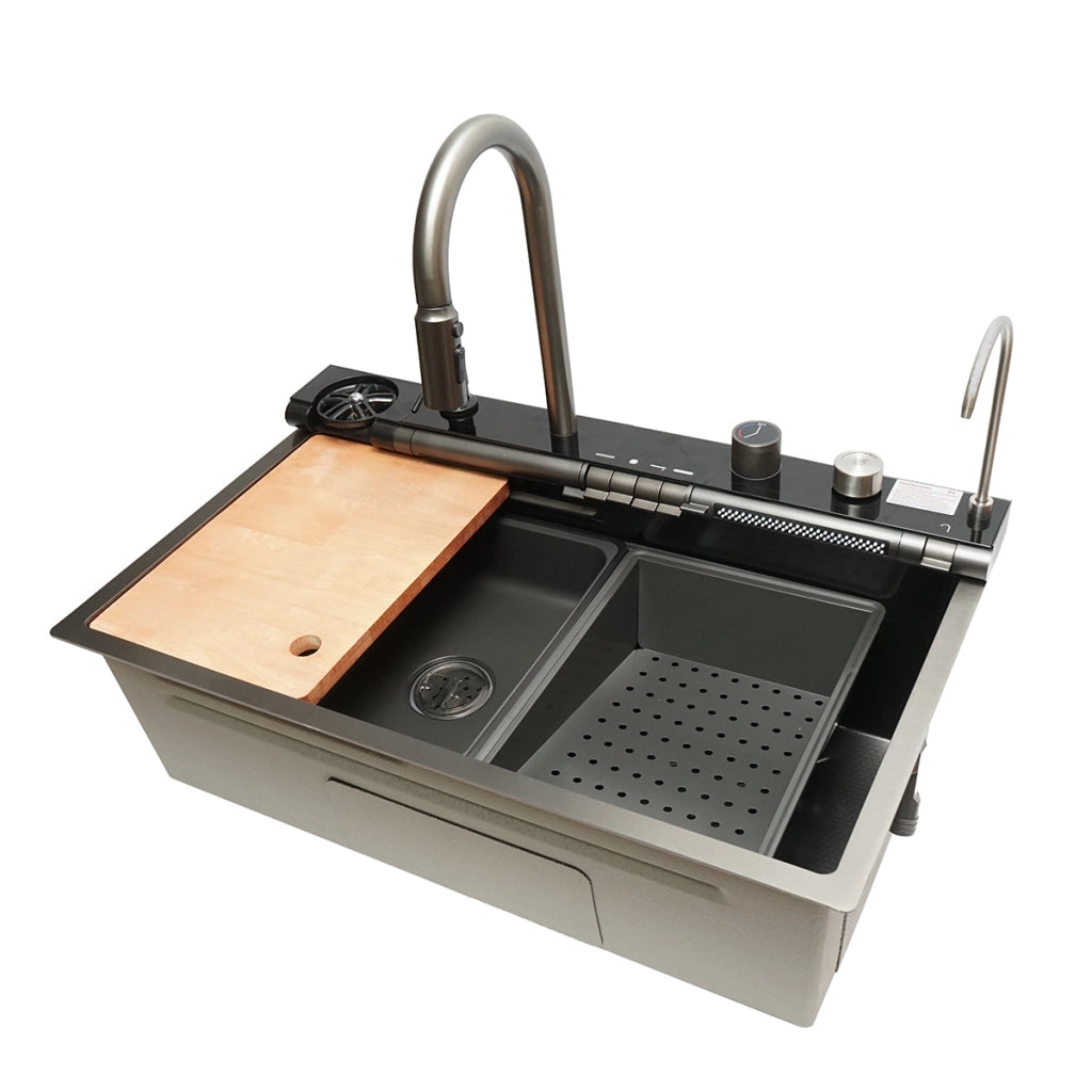 Lavello da cucina multifunzionale in acciaio inox con due rubinetti, display digitale della temperatura, due rubinetti a cascata, lavapentole, scolapiatti, vassoio, tagliere e accessori inclusi, dimensioni 75×46×22 cm.