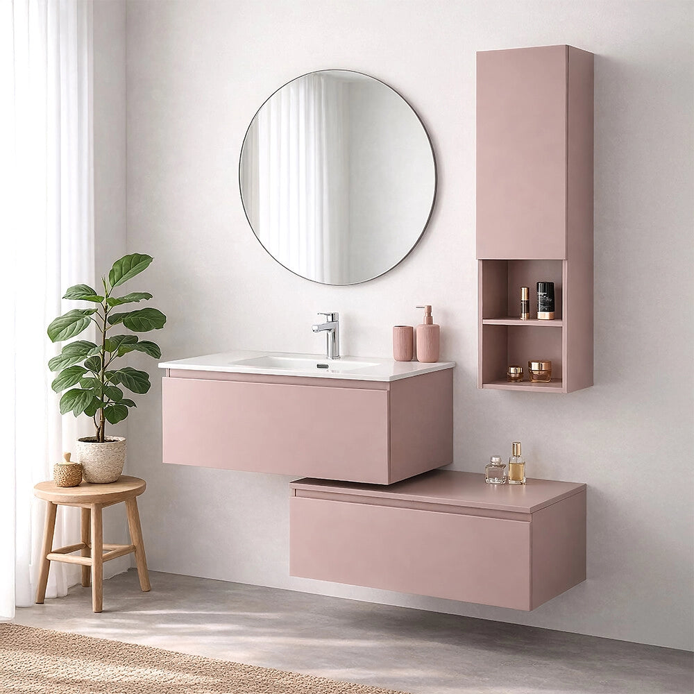 Mobile bagno sospeso 90 cm rosa con lavabo integrato e cassetto Nuvola