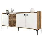 Credenza Also, Credenza da soggiorno, Armadio basso per TV, Base parete attrezzata, 180x35 h78 cm, Noce e Bianco