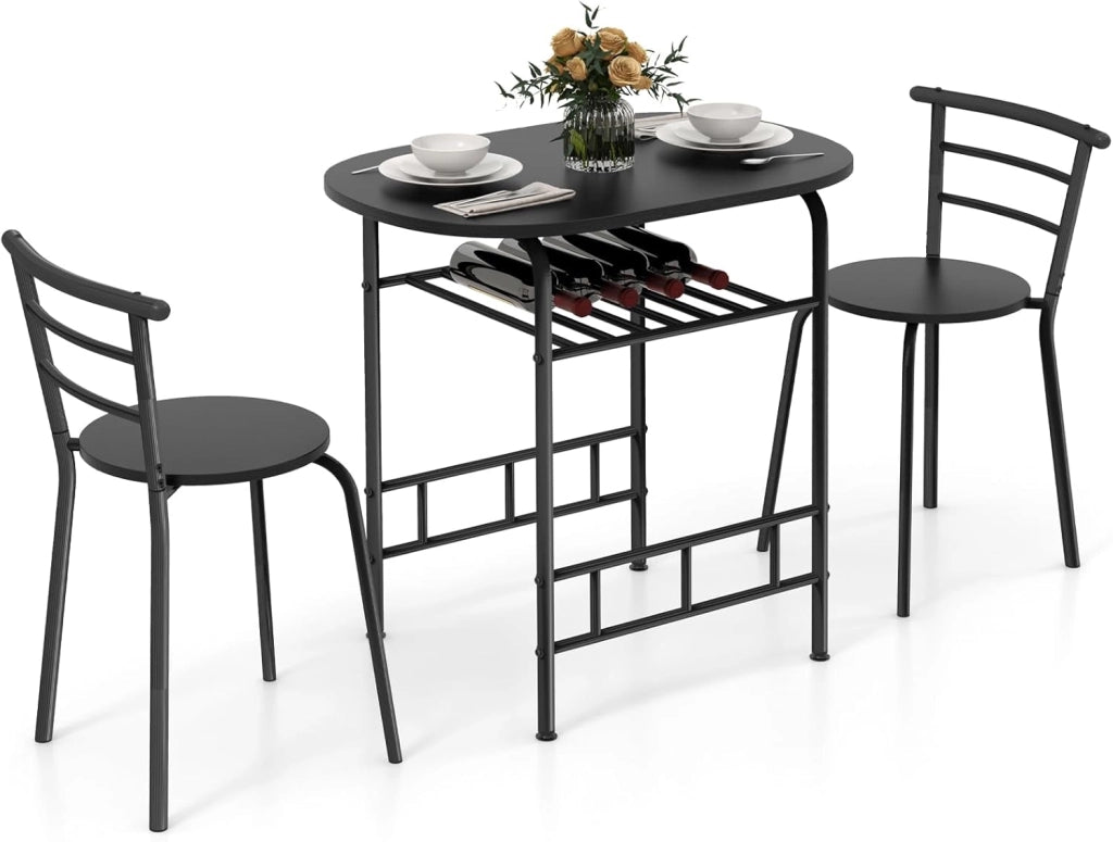 Tavolo da Pranzo con Sedie, Tavolo da Bar con Ripiano e 2 Sedie, Set Mobili da Bar per Sala da Pranzo, Balcone, in Legno e Metallo, Sedia Portata 150 kg (Nero)