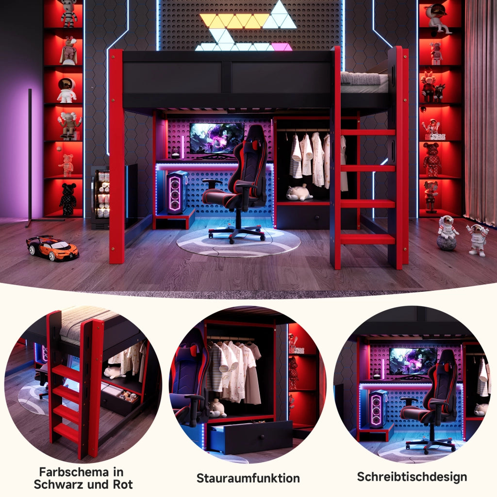 Letto a castello nero rosso con illuminazione LED in pino 140x200 cm