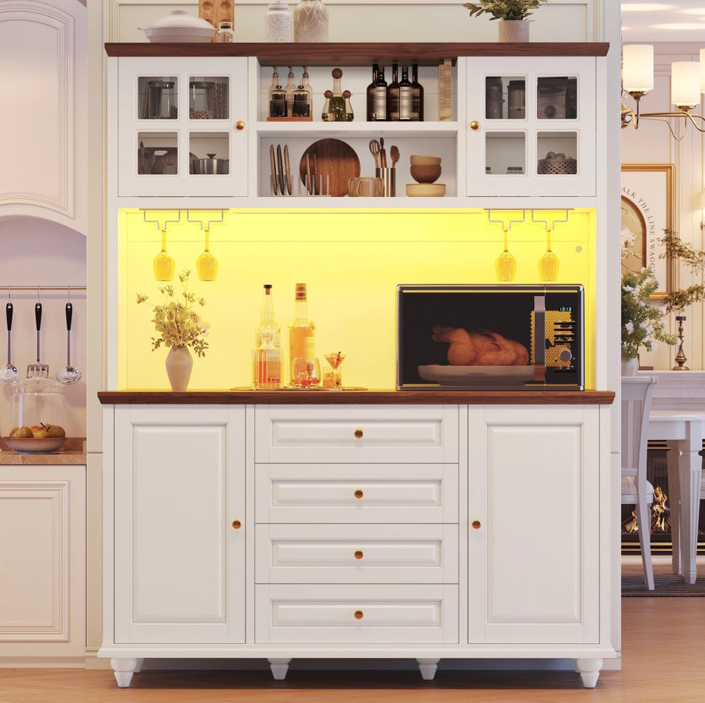 Credenza alta bianca con LED RGB, 4 cassetti e portabicchieri