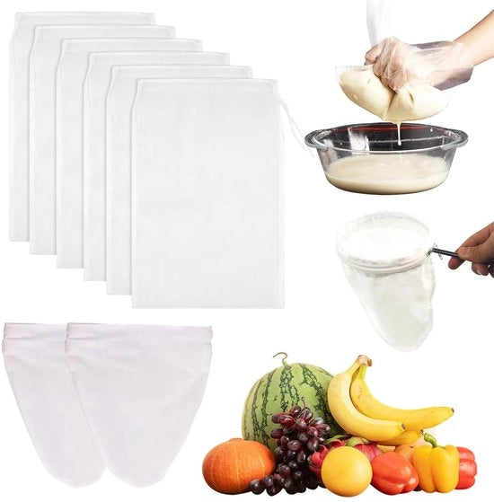 6 set di 30x20cm zeefdiapoche riutilizzabili con cordino e 2 pezzi 27x20,5cm sacchi di cotone per zeef con chiusura a rittengo, sacchetto per notte biologico lavabile, zeef per formaggio, succo di frutta, caffè, succo di verdura