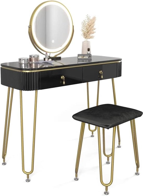Scatola per trucco con specchio a LED e sgabello - 100 x 126 cm, nero lucido