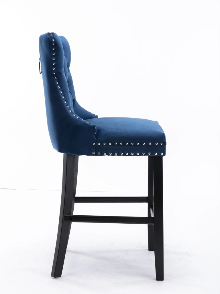 Sgabello da bar in velluto con schienale alto e altezza regolabile per sala da pranzo, gambe in legno massello blu