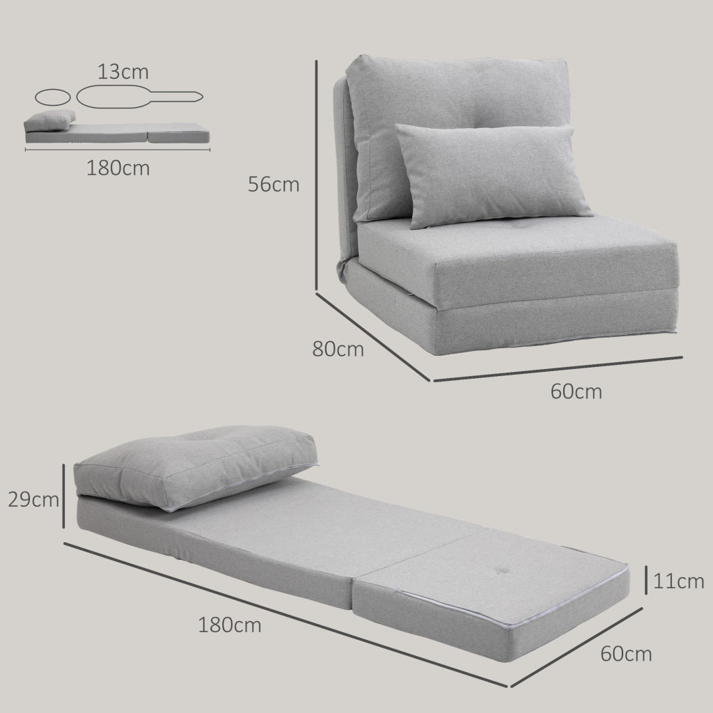 Poltrona Letto 3 in 1 Convertibile in Chaise Longue e Divano da Terra con 2 Cuscini, Grigio Chiaro