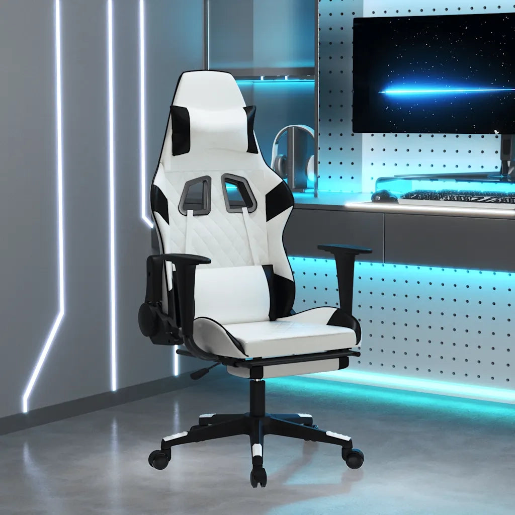 Sedia da Gaming | Sedia da e-sports Massaggio Poggiapiedi Bianco e Nero Similpelle