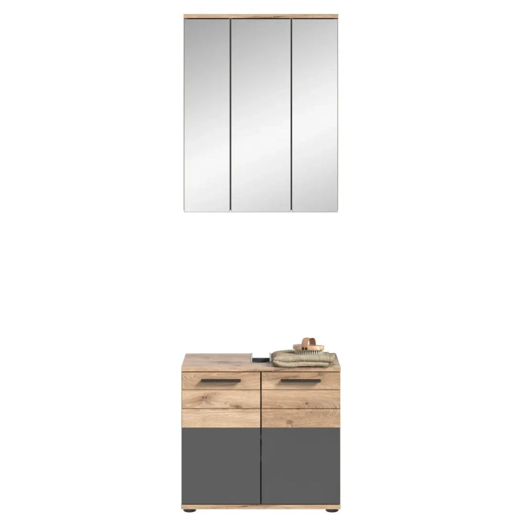 Set bagno: mobile sottolavabo + mobiletto di stoccaggio con specchi – Grigio antracite e rovere chiaro – SELMA