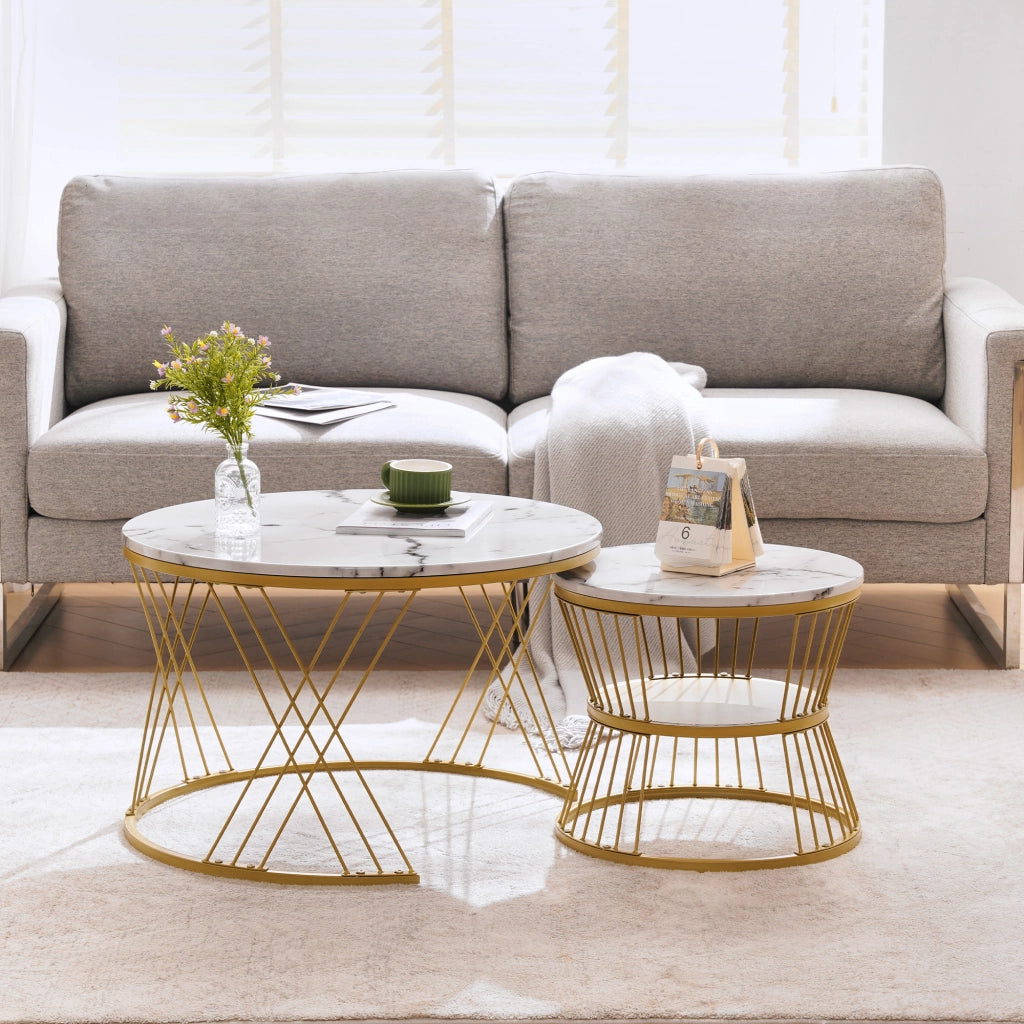 TAVOLINO da caffè set 2 pezzi rotondo impilabile 70/45 cm MDF bianco e oro