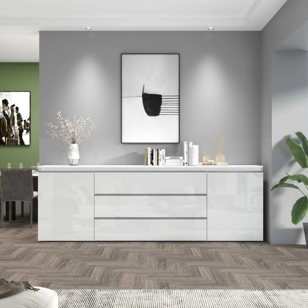 WHOUS Credenza cassettiera Magic con 2 ante e 3 cassetti bianco lucido 240x40x80 cm