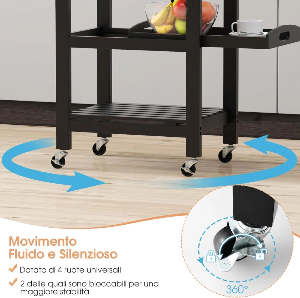 Carrello da Cucina a 4 Livelli, Isola da Cucina con Piano in Acciaio Inox, Cestino in Rete e Vassoio di Servizio Rimovibile, Carrello Bar per Cucina e Sala da Pranzo, 47x39x85 cm (Nero)