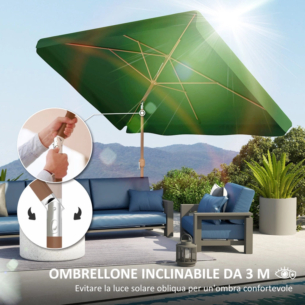 Ombrellone da Giardino 300x200x235H cm Inclinabile e Anti UV 50+ Verde