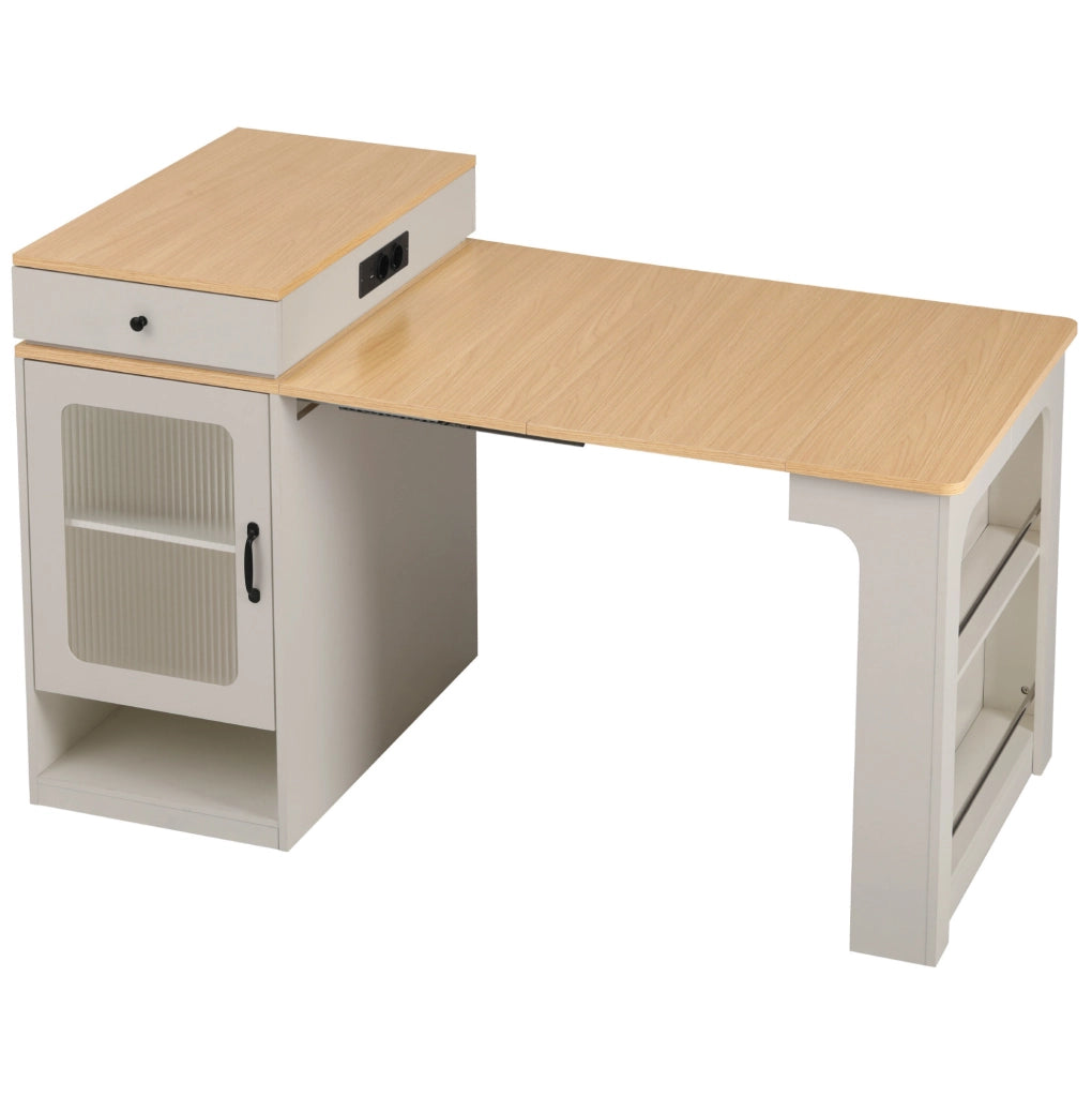 Tavolo allungabile 80x71~111~151x92 cm con prese integrate; MDF e vetro; bianco e naturale
