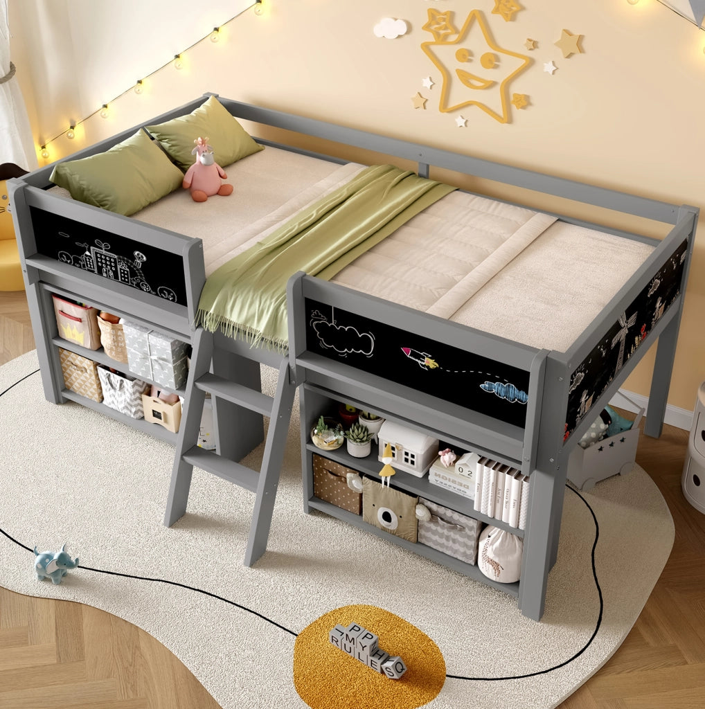 Letto semialto per bambini 90x200 cm con ripiani e lavagna grigio