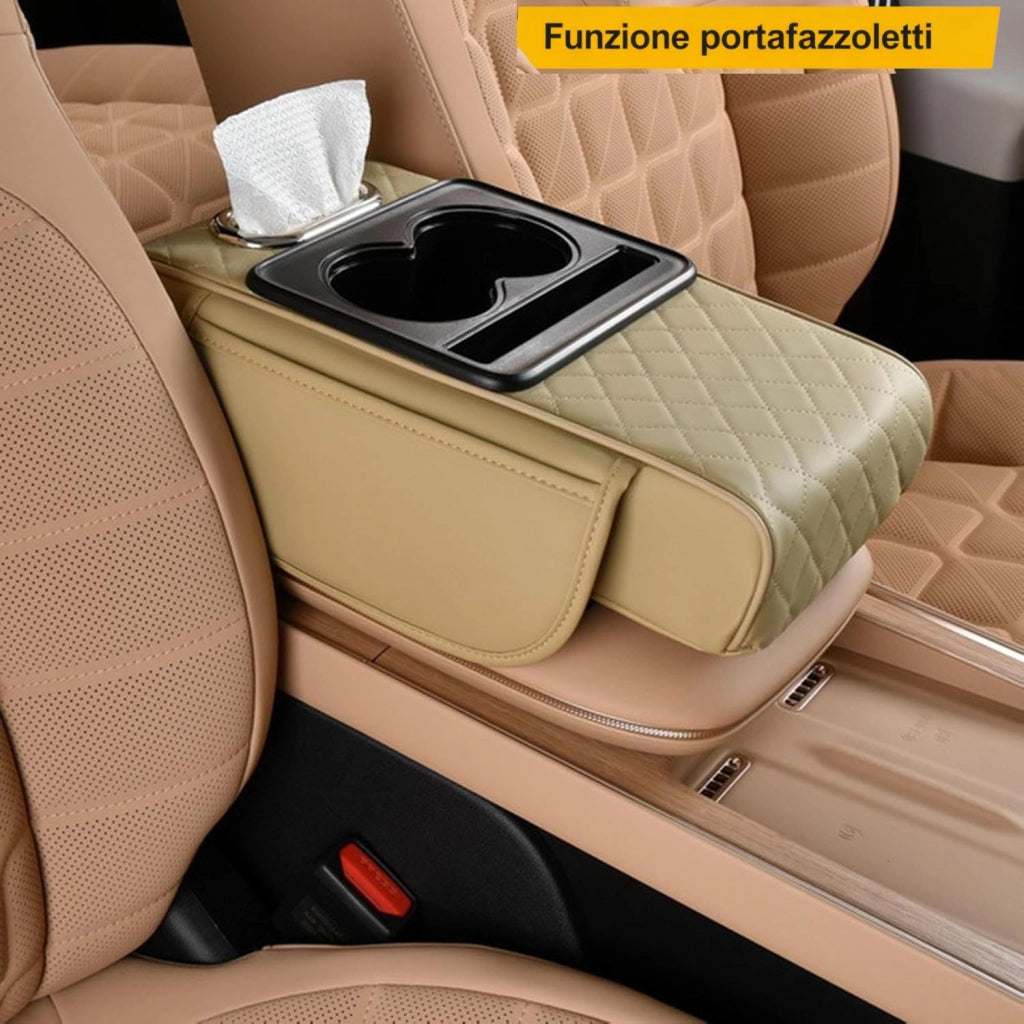 Cuscino Bracciolo Auto in Pelle 2 Portabicchieri in Pelle Beige Organizer