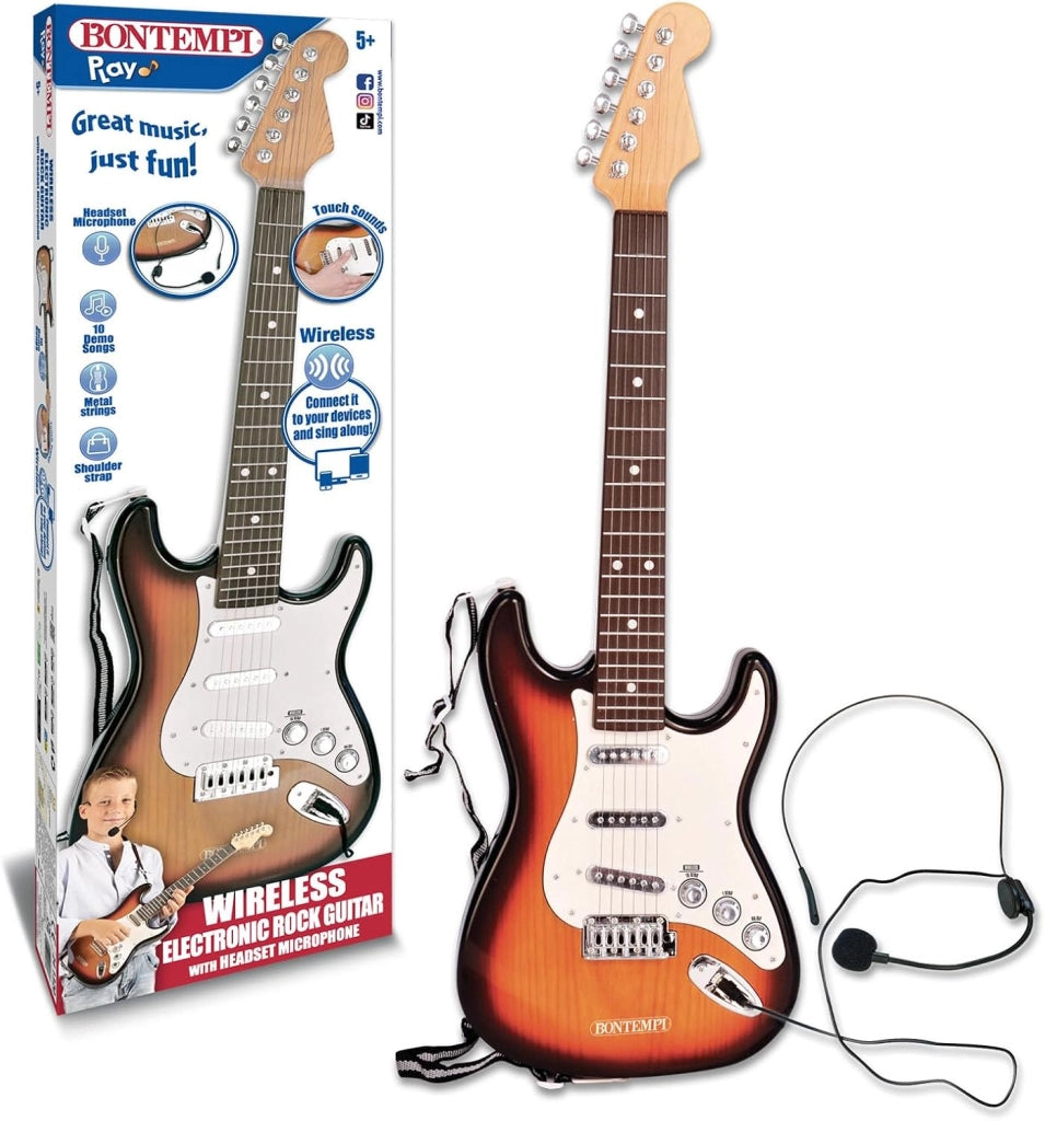 Chitarra Rock Elettronica Wireless con Microfono, Cinghia a Tracolla e Brani Preregistrati , 67 cm,Bontempi,Eta 5+