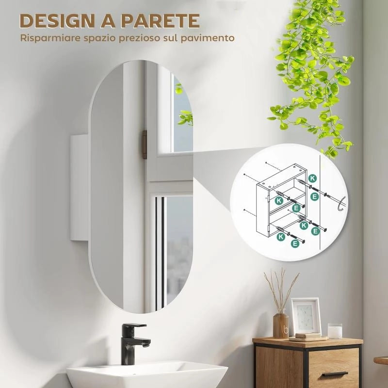 SPECCHIO BAGNO OVALE MODERNO CON ARMADIETTO E DUE RIPIANI, 45X90 CM, BIANCO