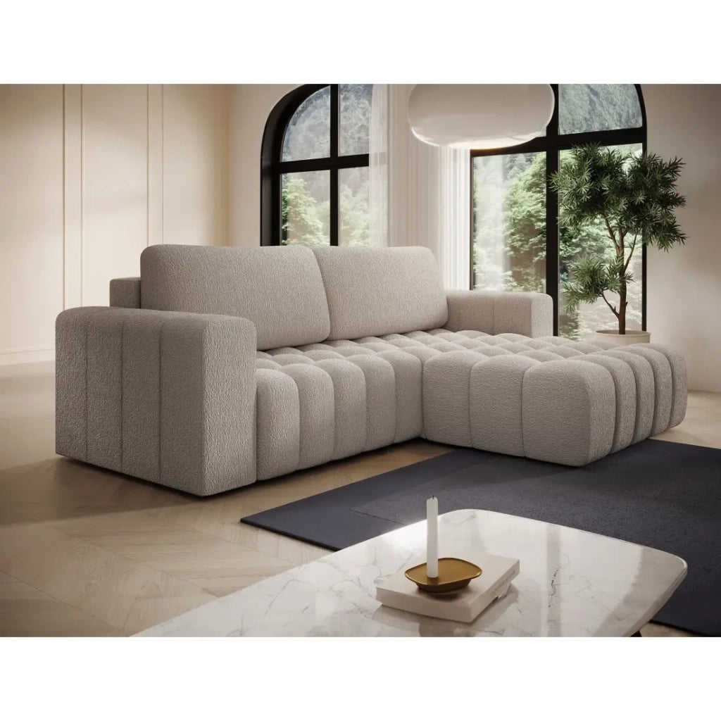 Divano angolare convertibile DORY beige chiaro 250 cm con contenitore angolo destro