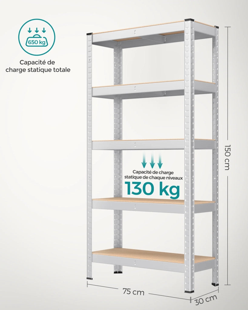 Scaffale a 5 ripiani per carichi pesanti 150 x 75 x 30 cm capacità di carico totale 650 kg (130 kg/ripiano) stile industriale ripiani regolabili per soggiorno/cucina grigio 12_0005445