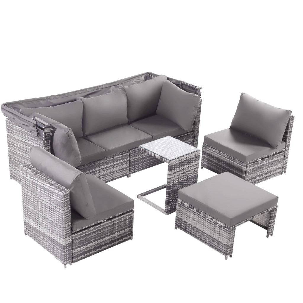 Set Divano da Giardino con Polyrattan, Cuscini, Tavolino e Poggiapiedi ¨C MINIMAL ¨C Grigio