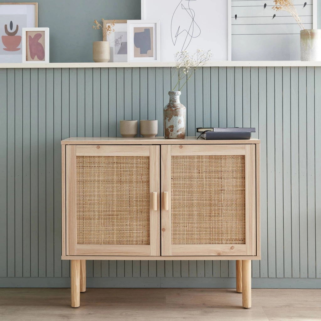 Credenza effetto canna e legno a 2 ante, 80cm, marrone naturale