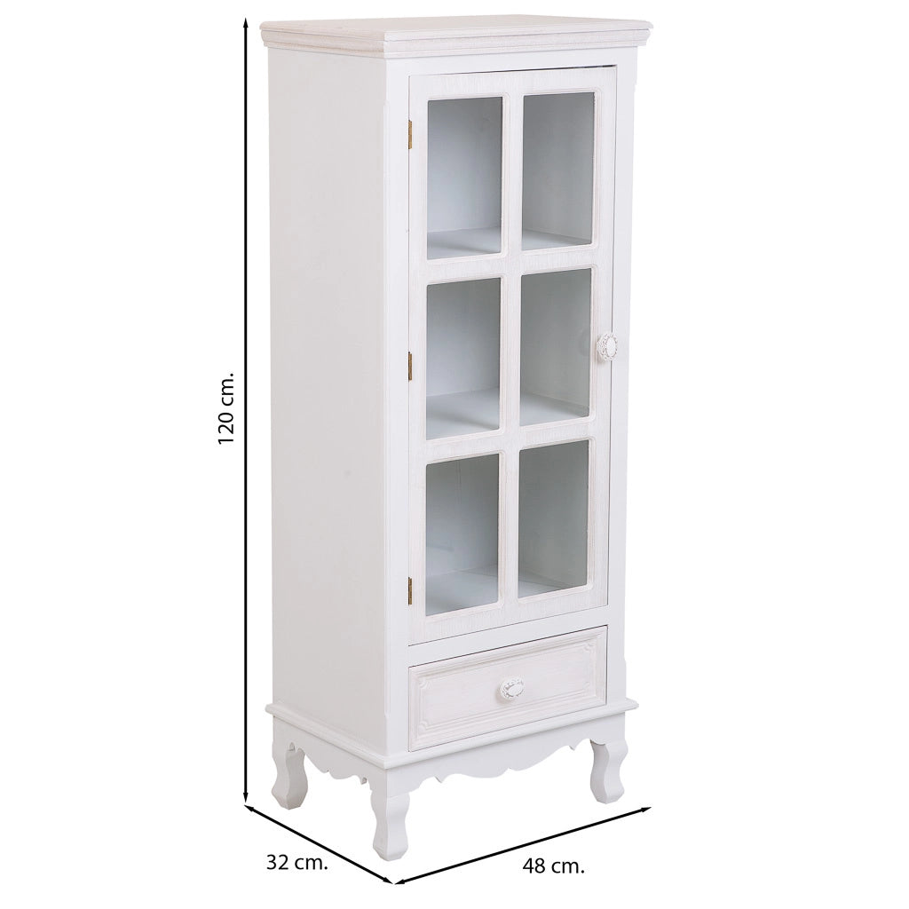 Vetrina in legno e vetro con 1 anta e 1 cassetto bianco 48x32x120